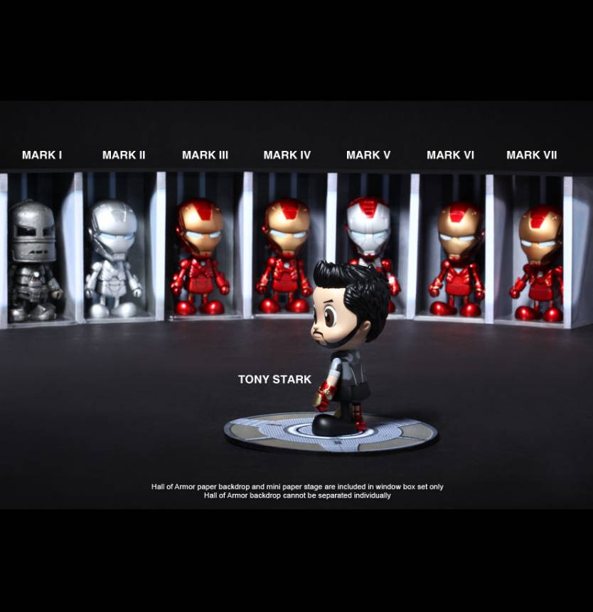 Figuras de Tony Stark, Mark I, II, III, IV, V, VI, y VII - Set | Iron Man 3 Series 1 | Cosbaby (s) COSB 149-156