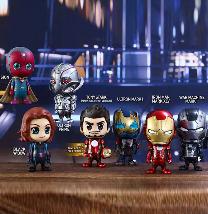 Figura Cosbaby (s) de Iron Man Mark XLV, Ultron Prime, Ultron Mark I, War Machine Mark II, Black Widow, Vision y Tony Stark - Set of 7 | Avengers: Age of Ultron Series 2 | COSB 178-183
